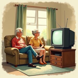 Eine Karikatur eines alten Paares welches vor einem alten Fernseher sitzt in dem kein Bild ist. Paare die auf Distanz sind und keine emotionale Nähe leben. Paare die nur noch in der Komfortzone der Beziehung leben. doch auch hier gibt es Wege heraus. Michael Lahme Coaching mit seiner KPP-Methode unterstützt Paare bei ihrem Weg zu mehr Harmonie und respektvoller Kommunikation.