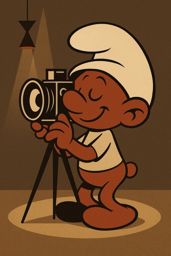 Der Cartoon-Kameramann-Schlumpf als Sinnbild für die Veränderung die möglich ist. Dieses Bild soll Synonym sein für den Schlumpf der tatsächlich in meinem Beratungsraum steht.
