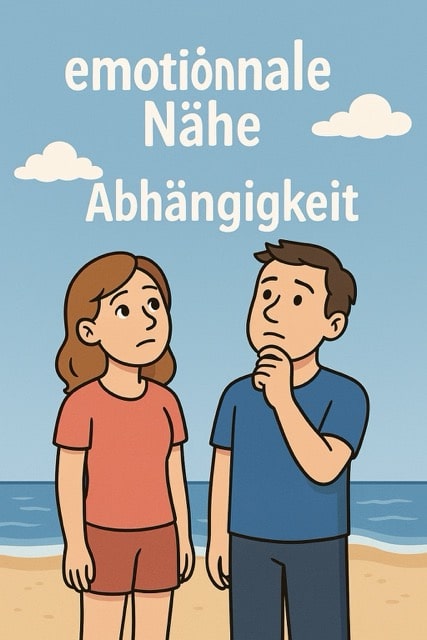 ein Comic mit einem Paar am Strand welches fragend in den Himmel schaut. Ist es emotionale Nähe oder Abhängigkeit in der Beziehung?
