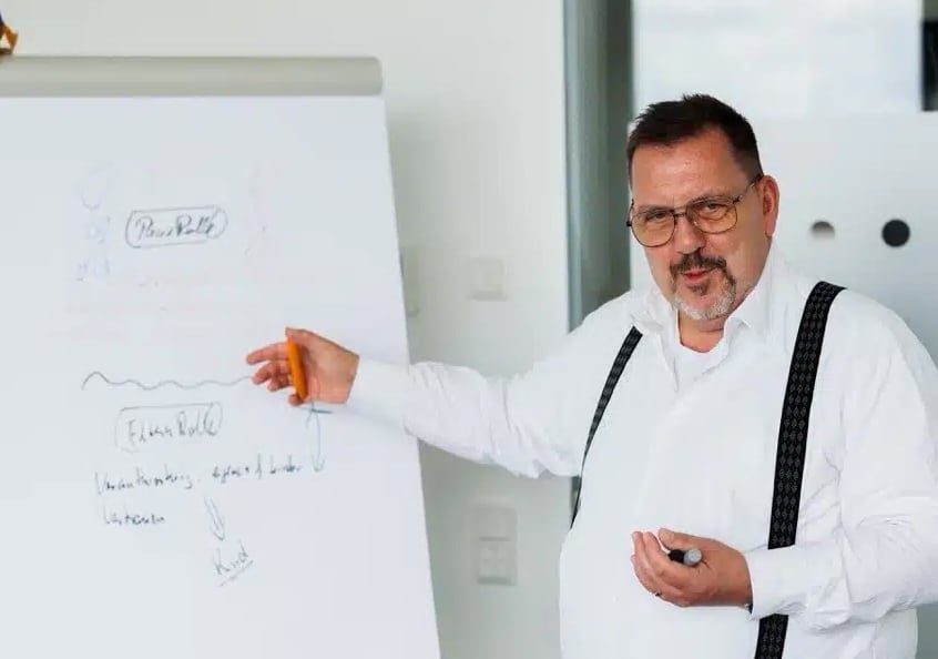 Erschöpfung in der Beziehung. Bezziehungsexperte Michael Lahme in Aktion am FlipChart. Durch darstellen wo es hakt wird vieles leichter.